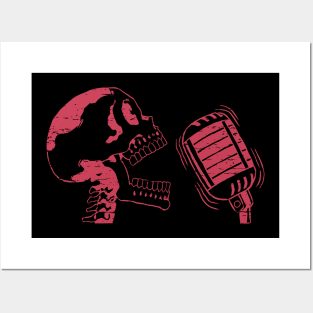 Singing Skull Retro Red Colored Distressed Line art Posters and Art